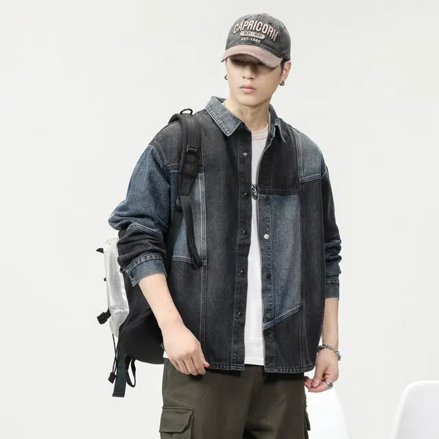 希越 美式拼接牛仔衬衫外套潮牌复古撞色宽松大码工装夹克 男款