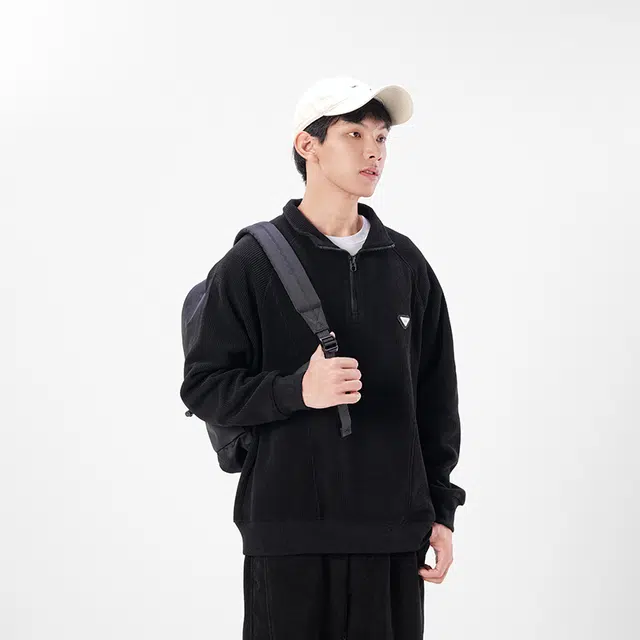 希越 秋冬美式重磅复古半拉链立领宽松潮流纯色套头卫衣 男款