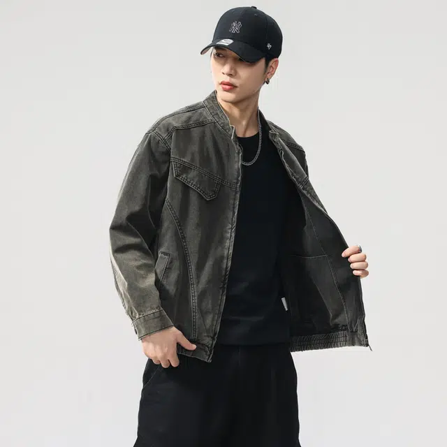 希越 复古高街重结构做旧重磅纯棉水洗美式机车牛仔上衣男士春秋季工装外套夹克 男款