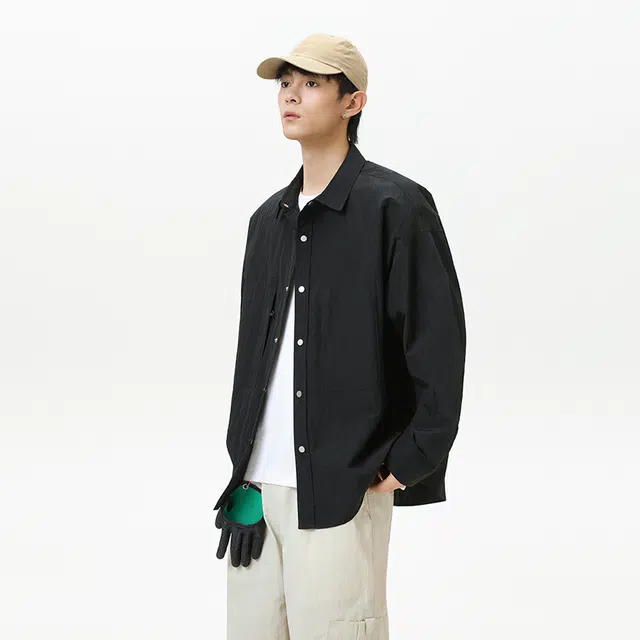 希越 防水耐磨日系轻薄舒适宽松衬衣简约时尚双拉链口袋多颜色可选推荐男装上衣日常通勤长袖衬衫 男款