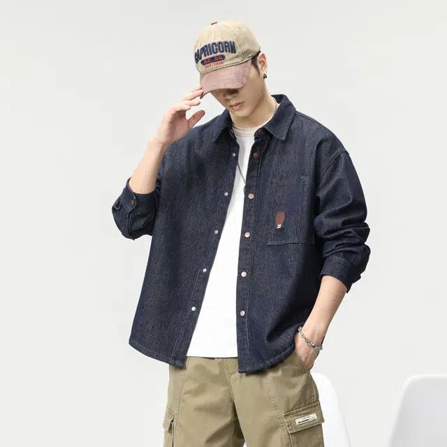 希越 美式复古丹宁原色水洗牛仔衬衫秋季宽松大码休闲长袖衬衣夹克 男款