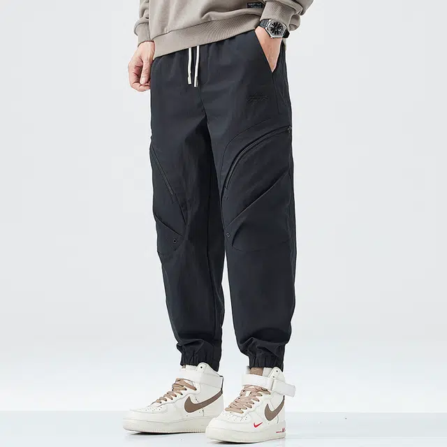 希越 潮牌拉链大口袋束脚大码宽松运动抽绳休闲裤 男款