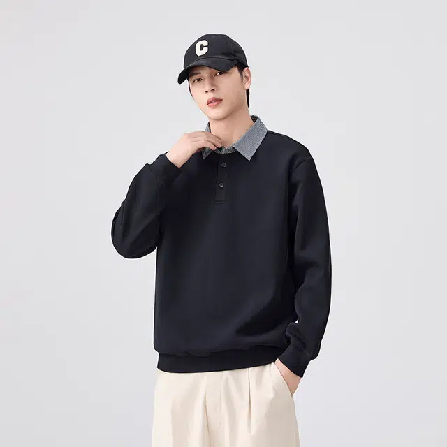 希越 假两件撞色拼接衬衫领长袖翻领宽松卫衣 男款