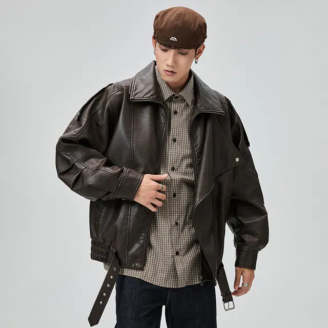 希越 日系小众痞帅高级感翻领皮衣秋季不规则设计机车服夹克 男款