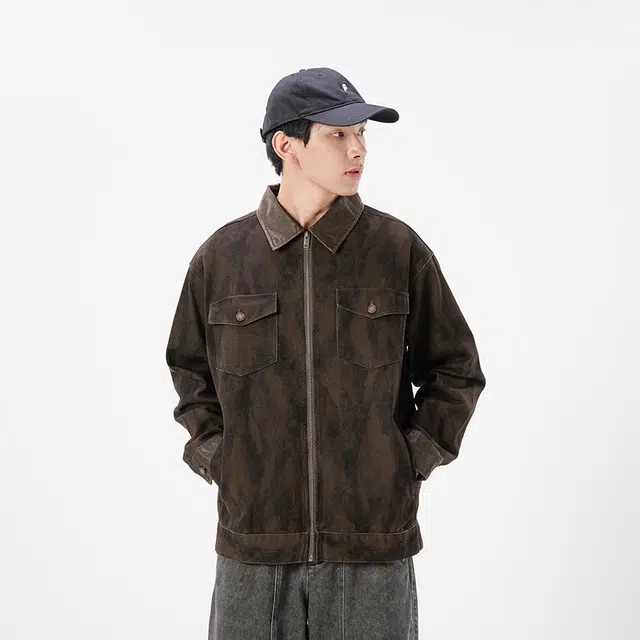 希越 皮感拼棉布印花美式机车服外套秋季宽松底特律领痞帅夹克 男款