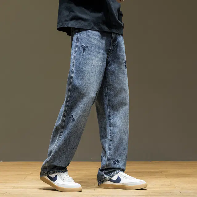 希越 美式复古水洗潮牌刺绣宽松直筒秋冬牛仔裤 男款