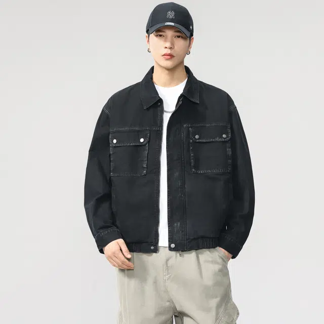希越 美式痞帅高级感扎染翻领纯棉牛仔上衣春秋季水洗做旧工装外套夹克 男款