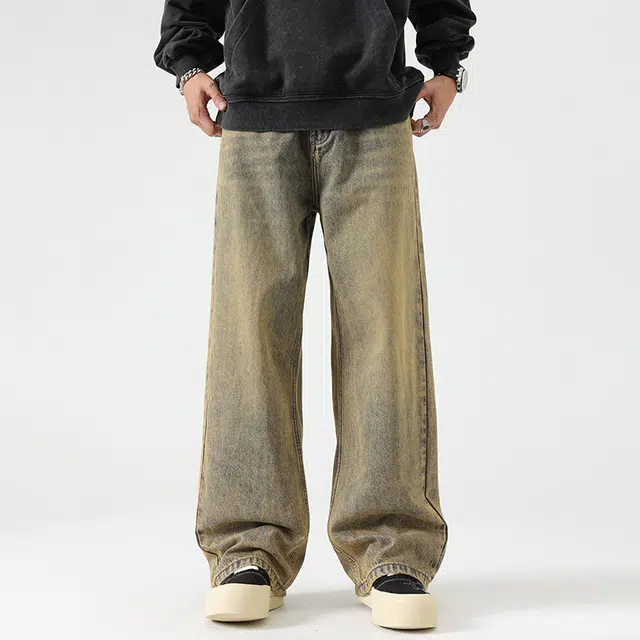 希越 美式复古赛络纺黄泥染美拉德高街宽松直筒阔腿牛仔裤 男款