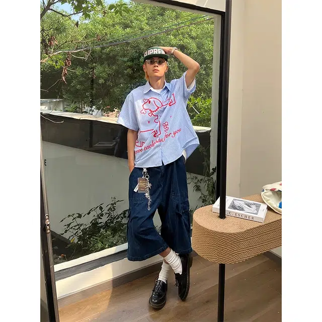 极限涡轮 趣味腊肠狗印花条纹街头个性设计感宽松情侣休闲短袖衬衫 男女同款