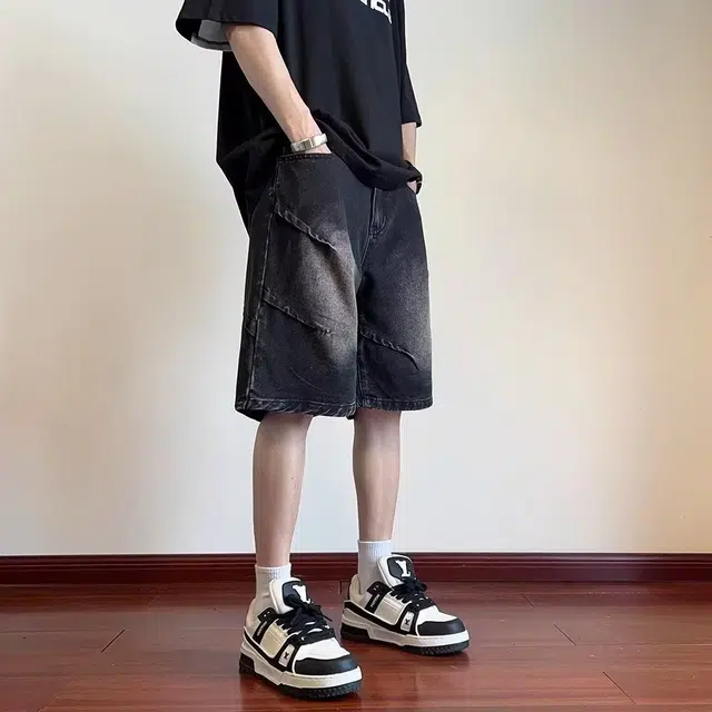 极限涡轮 美式设计感褶皱阔腿高街水洗做旧直筒中裤潮五分裤子牛仔短裤 男女同款