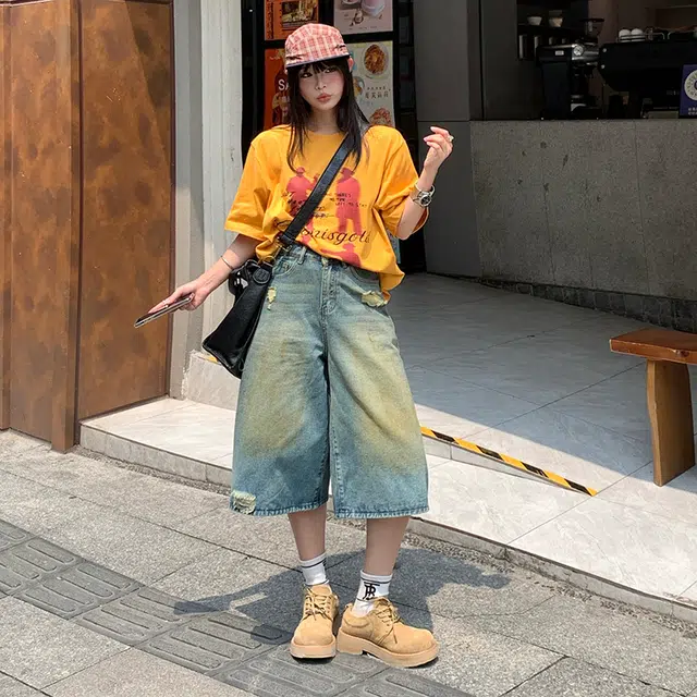 极限涡轮 美式复古水洗做旧七分直筒高腰宽松百搭阔腿牛仔短裤 男女同款
