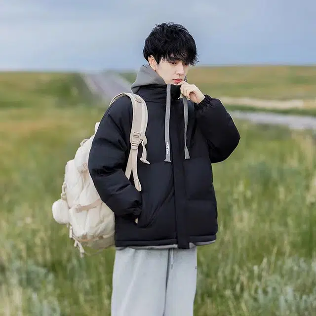 极限涡轮 百搭撞色假两件宽松连帽面包服小设计感保暖厚款柔软棉服 男女同款