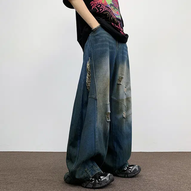 极限涡轮 美式反穿脏脏破洞拖地阔腿高街设计感宽松老爹牛仔裤 男女同款 蓝色