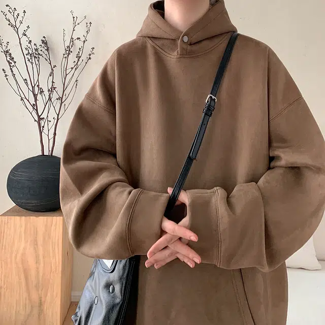 极限涡轮 重磅潮牌美式复古连帽麂皮纯色嘻哈街头休闲百搭卫衣 男女同款 黑色