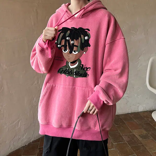 极限涡轮 潮牌脏辫孩印花连帽重磅宽松水洗做旧卫衣 男女同款