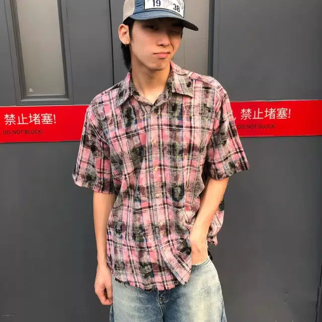 极限涡轮 做旧毛边晕染格子条纹休闲宽松短袖衬衫 男女同款