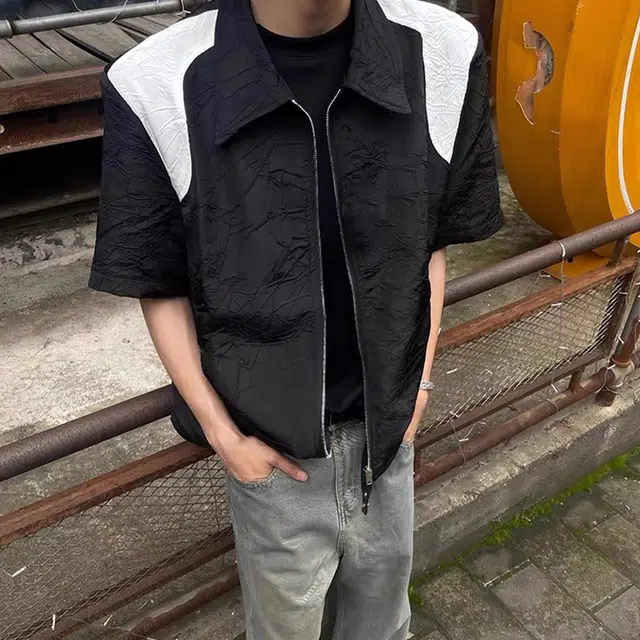 极限涡轮 复古黑白拼色垫肩高级感小众设计尼龙褶皱短袖衬衫 男女同款