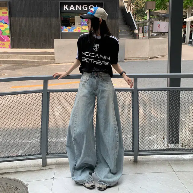 极限涡轮 美式复古垂感高腰宽松百搭直筒牛仔裤 男女同款
