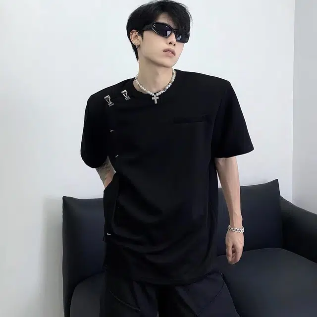 极限涡轮 复古新中式中国风设计感衬衣国潮立领垫肩宽松痞帅小众廓形短袖衬衫 男女同款 黑色