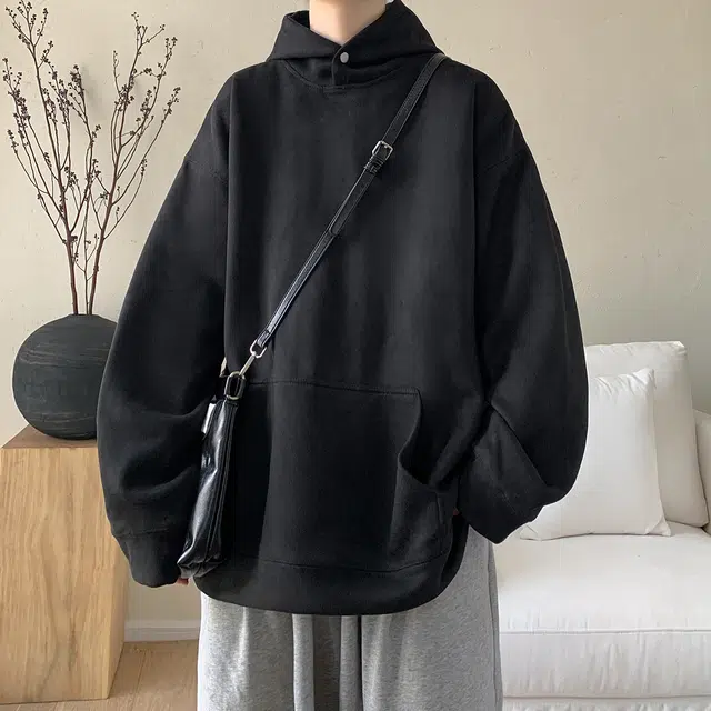 极限涡轮 重磅潮牌美式复古连帽麂皮纯色嘻哈街头休闲百搭卫衣 男女同款 黑色