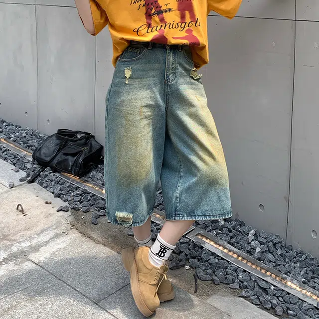 极限涡轮 美式复古水洗做旧七分直筒高腰宽松百搭阔腿牛仔短裤 男女同款