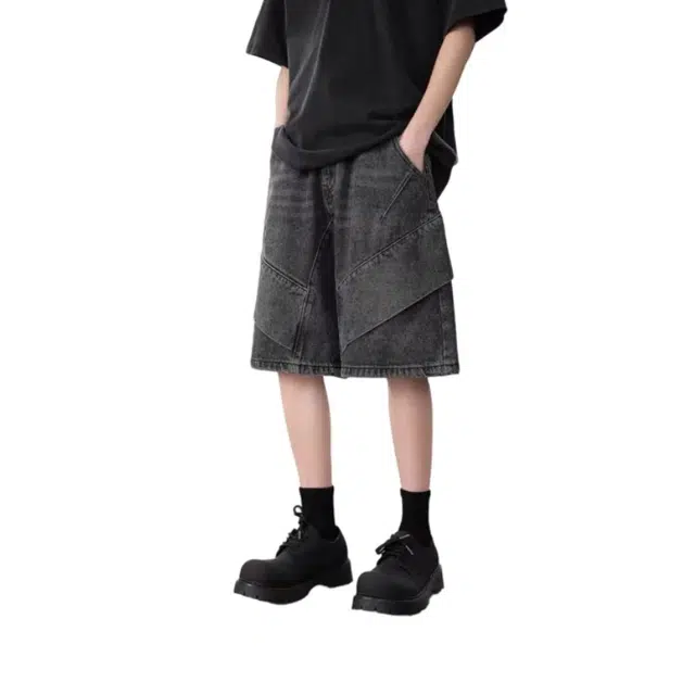 极限涡轮 拼接宽松美式复古痞帅高级感裤子潮牌牛仔短裤 男女同款