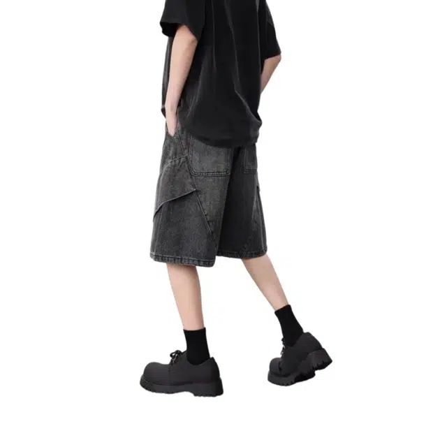 极限涡轮 拼接宽松美式复古痞帅高级感裤子潮牌牛仔短裤 男女同款