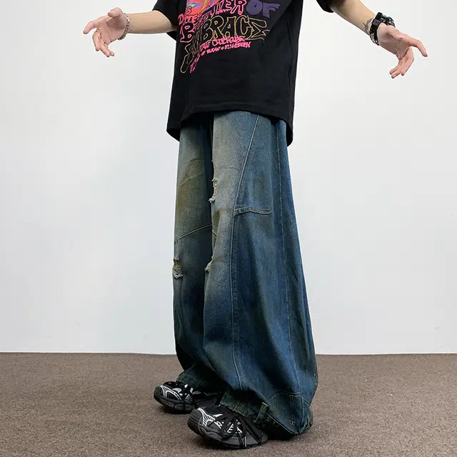 极限涡轮 美式反穿脏脏破洞拖地阔腿高街设计感宽松老爹牛仔裤 男女同款 蓝色