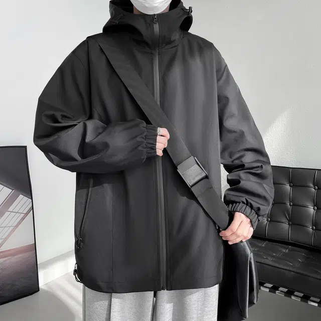 极限涡轮 美式纯色简约基础款防风防水连帽大码宽松时尚夹克外套 男女同款