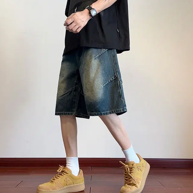 极限涡轮 美式设计感褶皱阔腿高街水洗做旧直筒中裤潮五分裤子牛仔短裤 男女同款