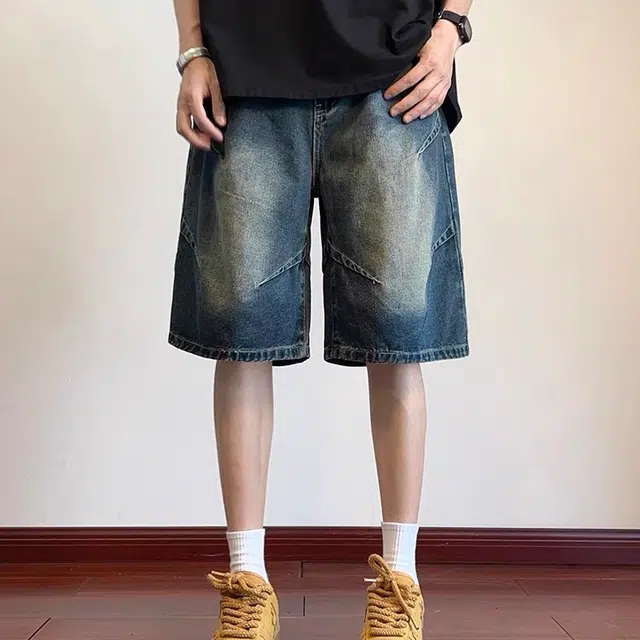 极限涡轮 美式设计感褶皱阔腿高街水洗做旧直筒中裤潮五分裤子牛仔短裤 男女同款