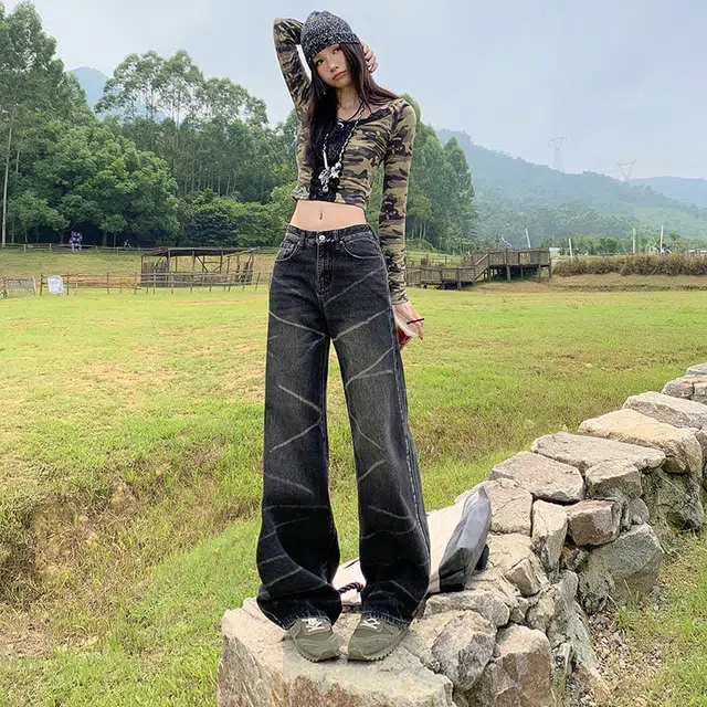 极限涡轮 美式高街闪电纹个性扎染拖地长裤帅气宽松阔腿牛仔裤 男女同款