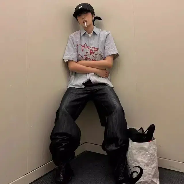 极限涡轮 美式复古兔子印花条纹小众设计感宽松休闲衬衣潮短袖衬衫 男女同款