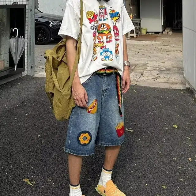 极限涡轮 美式复古水洗潮牌嘻哈街头宽松阔腿五分裤牛仔短裤 男女同款 蓝色