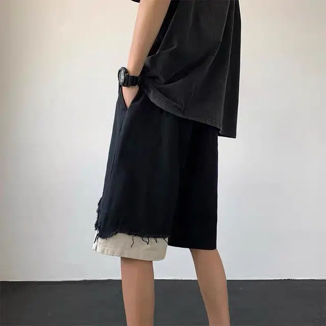 极限涡轮 美式高街破洞潮痞帅拼接宽松设计感小众五分裤休闲短裤 男女同款