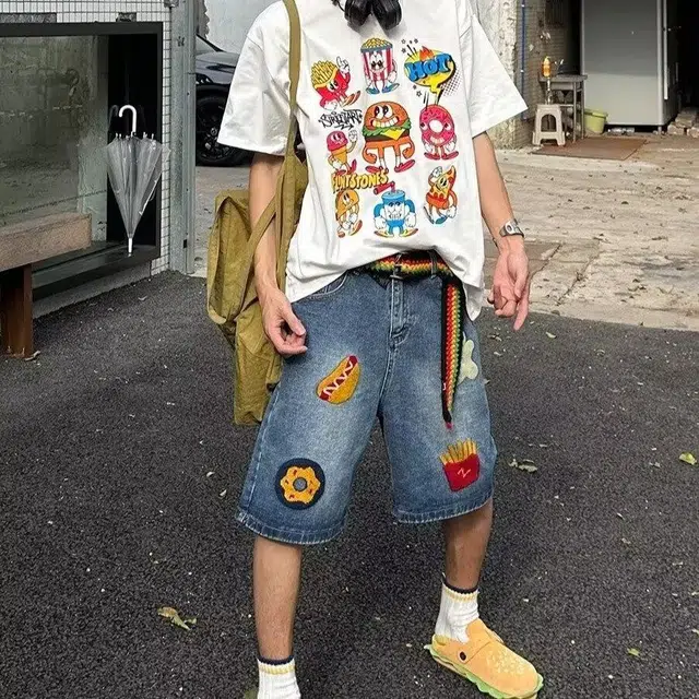 极限涡轮 美式复古水洗潮牌嘻哈街头宽松阔腿五分裤牛仔短裤 男女同款 蓝色