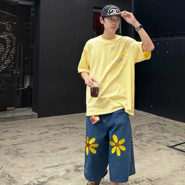 极限涡轮 美式街头小花刺绣多巴胺直筒阔腿休闲百搭七分裤夏季牛仔短裤 男女同款