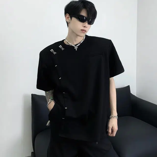 极限涡轮 复古新中式中国风设计感衬衣国潮立领垫肩宽松痞帅小众廓形短袖衬衫 男女同款 黑色