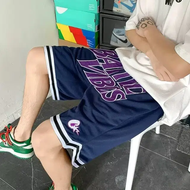 极限涡轮 美式复古潮牌高街宽松百搭五分裤网眼蓝球裤休闲短裤 男女同款