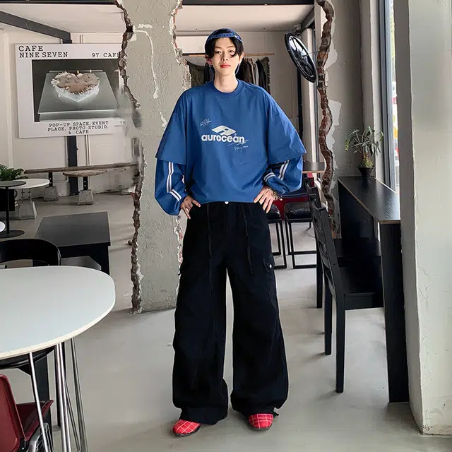 极限涡轮 美式高街设计感户外山系压褶宽松阔腿牛仔裤 男女同款