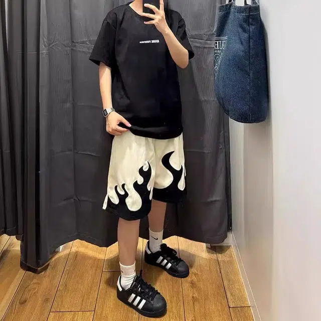 极限涡轮 美式火焰夏季潮牌高街小众宽松痞帅炸街运动五分裤休闲短裤 男女同款