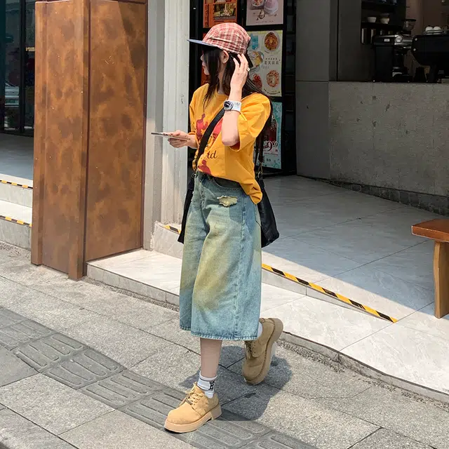 极限涡轮 美式复古水洗做旧七分直筒高腰宽松百搭阔腿牛仔短裤 男女同款