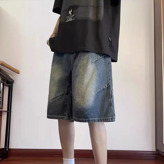极限涡轮 美式设计感褶皱阔腿高街水洗做旧直筒中裤潮五分裤子牛仔短裤 男女同款