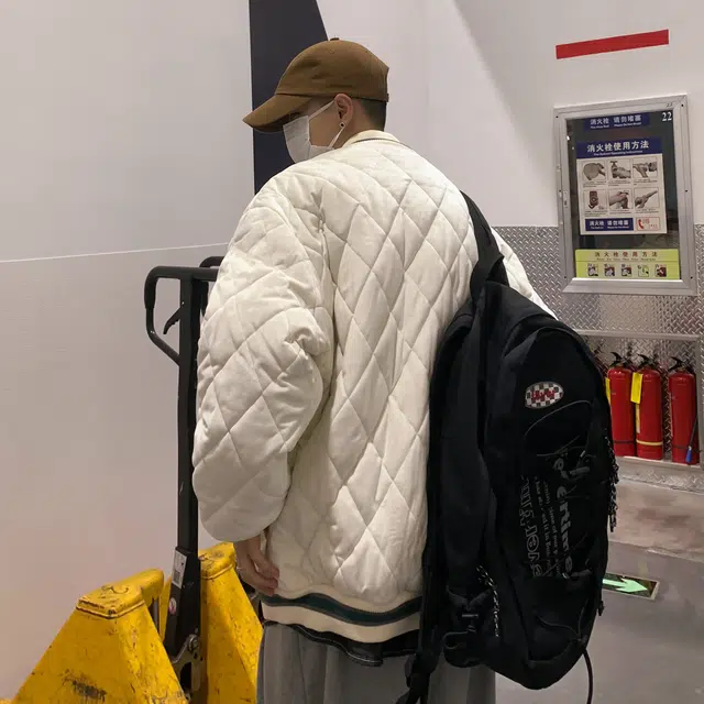 极限涡轮 美式棒球领潮牌加厚港风复古菱格宽松百搭棉服 男女同款