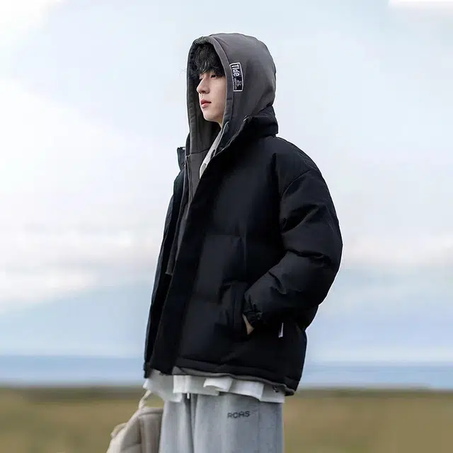 极限涡轮 百搭撞色假两件宽松连帽面包服小设计感保暖厚款柔软棉服 男女同款