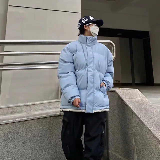 极限涡轮 美式学院风休闲户外舒适面包时尚宽松纯色加厚保暖抗寒立领棉服 男女同款 浅蓝