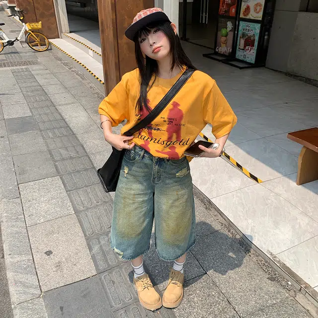极限涡轮 美式复古水洗做旧七分直筒高腰宽松百搭阔腿牛仔短裤 男女同款