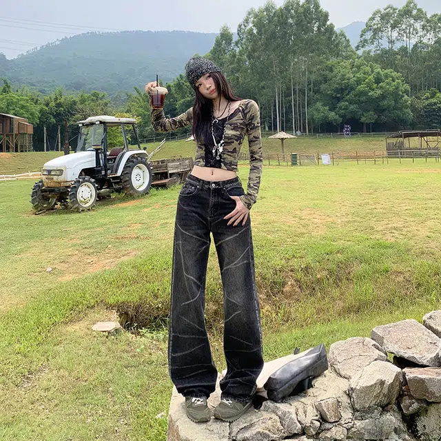 极限涡轮 美式高街闪电纹个性扎染拖地长裤帅气宽松阔腿牛仔裤 男女同款