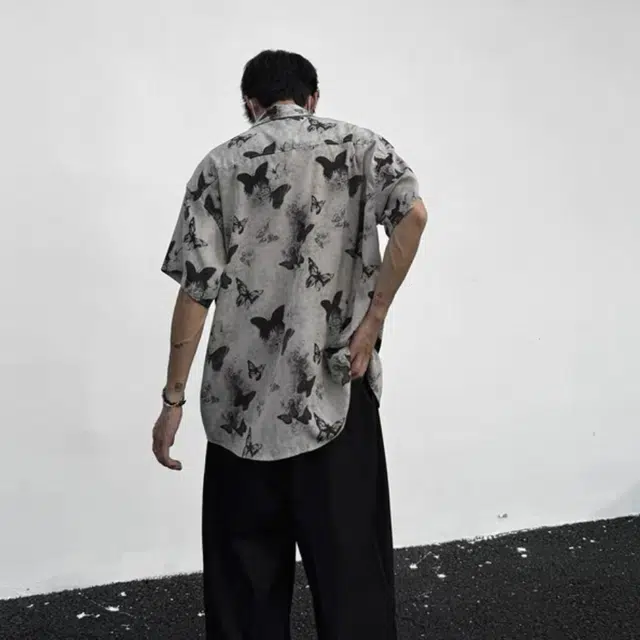 极限涡轮 国风小众设计感蝴蝶薄款宽松休闲满印短袖衬衫 男女同款