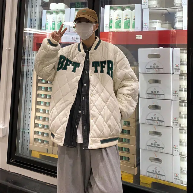 极限涡轮 美式棒球领潮牌加厚港风复古菱格宽松百搭棉服 男女同款